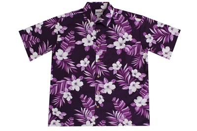Men's Purple Hawaiian Shirts with White Hibiscus Flowers