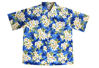 Blue Hawaiian Shirt With Plumeria Flowers