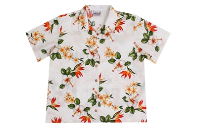 Wave Shoppe Women's White Hawaiian Shirts with Bird Of Paradise Flowers